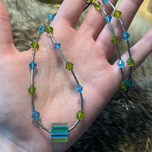 Silver plated blue and green glass twisted bead necklace